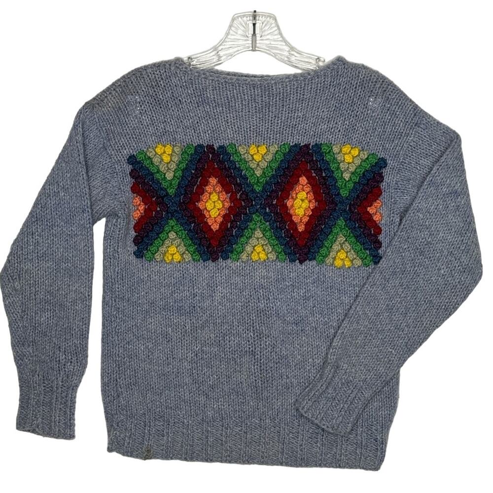 Handmade Vintage Bobble Knit Sweater Multicolor Geometric Boho 70s Style small
